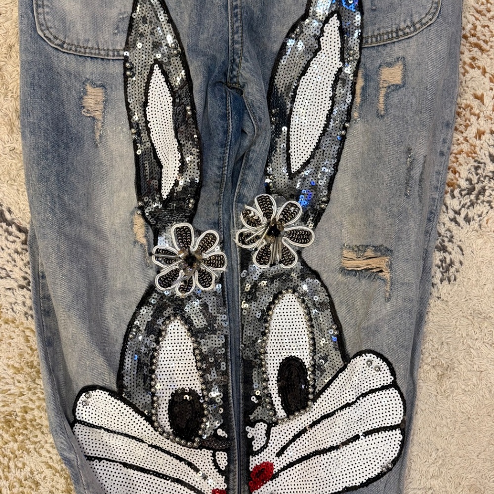 Women’s Bugs Bunny Sequin Embellished Denim Overalls - Size S/M Korean Fashion